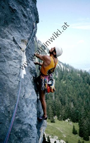 Großer Zunderkopf Trilogie 1997 Marcus Lutz in der 5.Seillänge bei der Rotpunkt-Durchsteigung (Foto: Marcus Lutz) Zunderkopf Großer - Triologie - 5. Seillänge (Foto: Marcus Lutz)