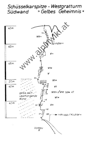 www.alpinwiki.at Schüsselkarspitze Westgratturm Südwand - gelbes geheimnis - BST 1988-5